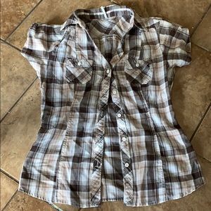 Small fitted button up plaid top women’s